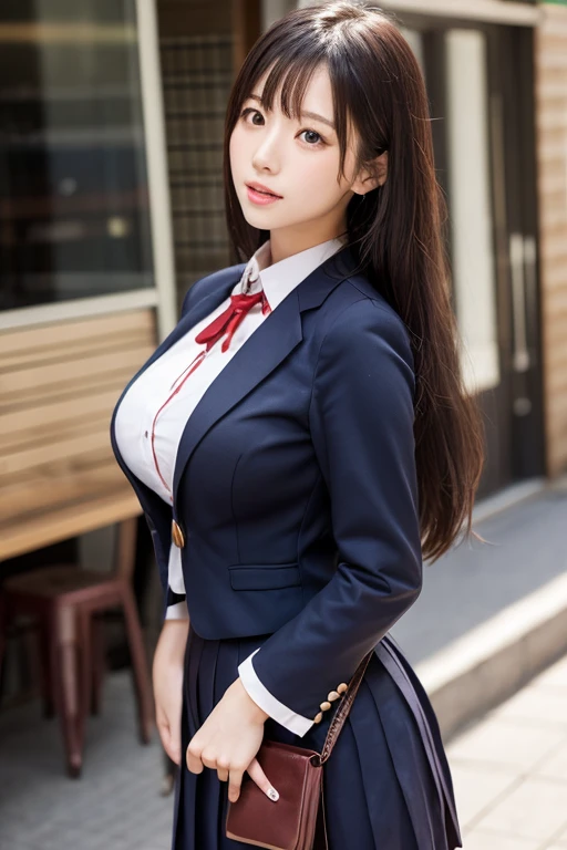 ((Best Quality)), ((masutepiece)), (Detailed), (highlight), Perfect face Young girl with detailed face showing cleavage、youthfulness、Red eyes and long, thick, glossy, beautiful black hair with blunt bangs、Single-color background、Standing wearing school uniform with blazer and miniskirt、