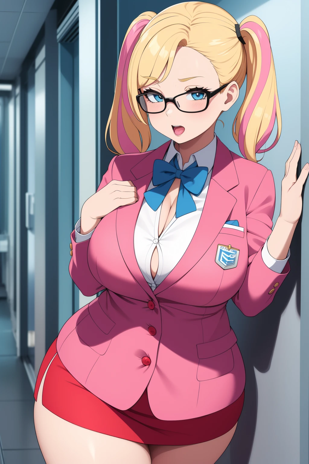 masterpiece, best quality, finely detailed, high resolution, 1girl, by buta99, by chelodoy, by spikedmauler, by cervina7, solo, female, ((hair, snout)), lips, big ass, eyelashes, standing up, happy, eyeliner, big breasts, cleavage, cameltoe, pink eyes, sexy, long curly blonde hair, thick, strawberry theme, sexy, slim waist, skinny, slim, skinny, milf, thick thighs, pretty, pink clothes, strawberry, pink pigtails, kawaii style, bimbo, huge eyes, perky , huge hips, evil , sparkles, pastel background, pink crop top, white pleated skirt, white thigh high socks, sexy, glasses, blonde hair, strawberry piece in hair, black lipstick, vibrant, freckles,