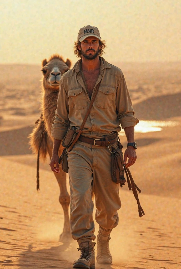 A handsome beautiful slim white skin shirtless man in a roman horse racing chariot in the desert