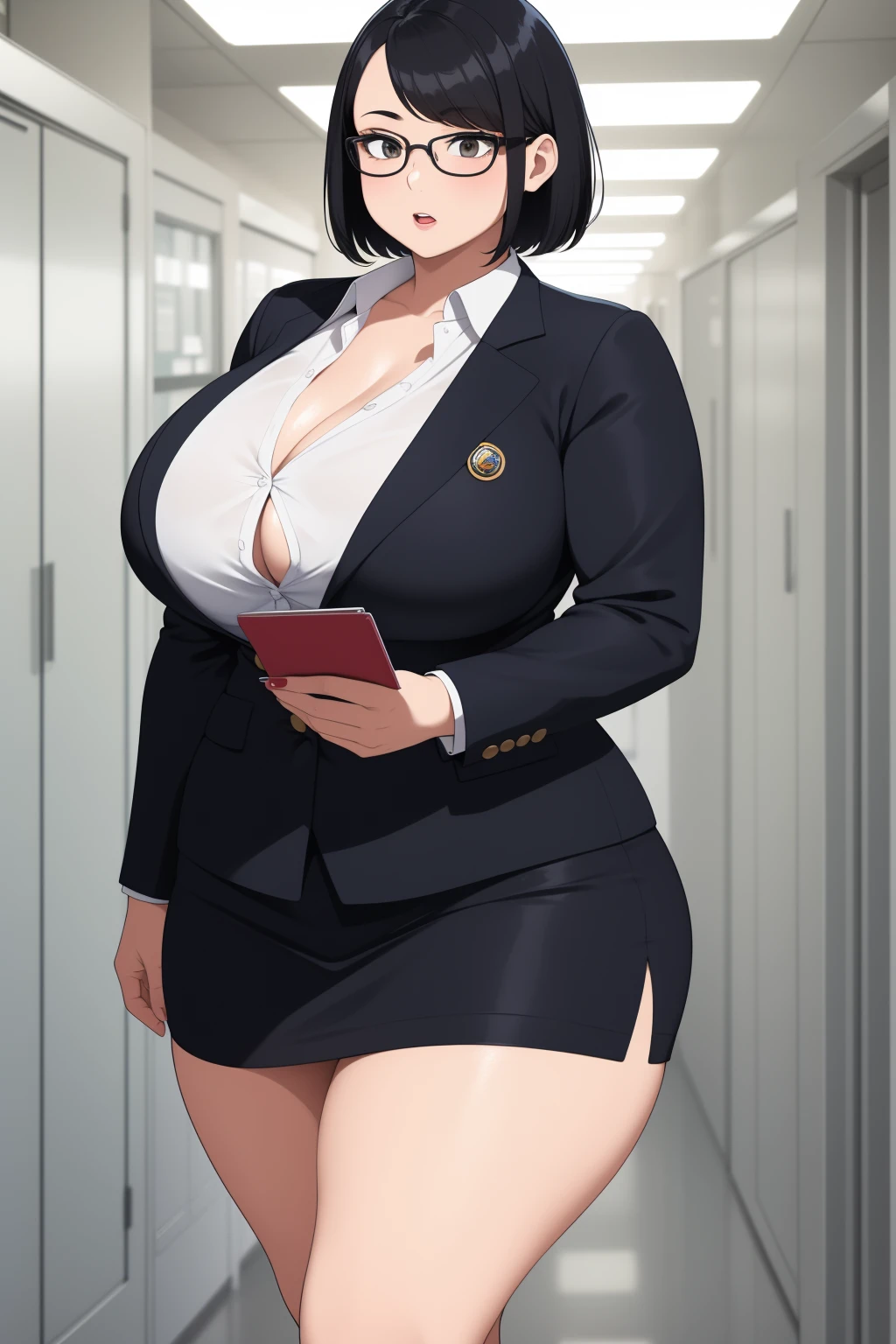 She's a stylish girl with a striking mix of black and blue short hair. Her outfit consists of a chic button-up shirt paired with a short skirt, adorned with eye-catching jewelry. Notably confident, she carries herself with a sense of flair, complemented by a distinctive, confident presence. busty, wide hips, thick thighs
