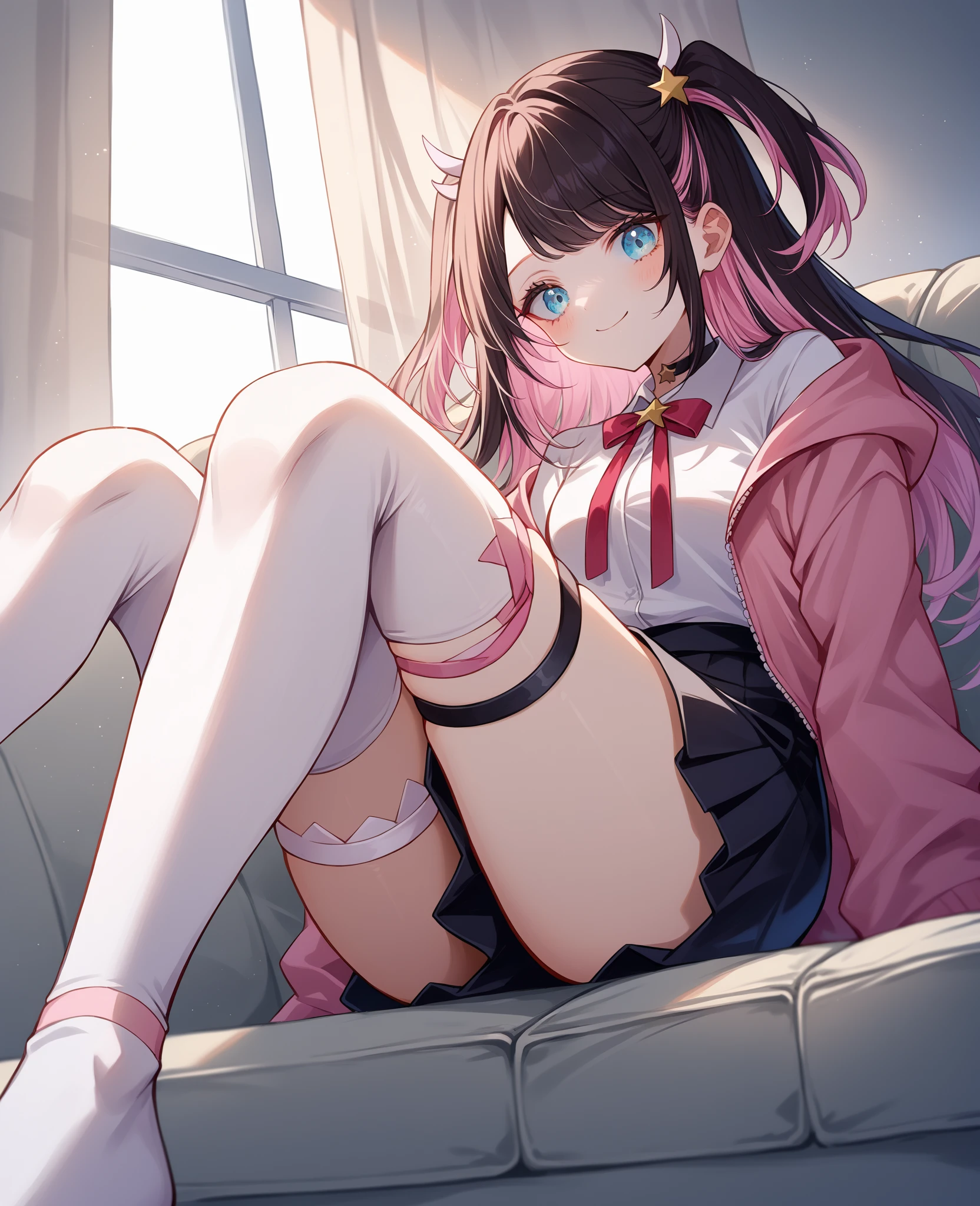 masterpiece:1.4, Highest quality:1.6, Hotel room、Lilka Eleniak、 solo、Looking at the audience, White knee socks,Perfect Anatomy,Beautiful feet:1.4、Face-to-face sitting position、 Sit on、Spread legs、Spread your legs wide、Hold your feet with your hands、Silk pink panties、(Lifted it himself),(Showing panties),Panty Focus,((Spread your legs)),(( Exposed crotch))、(Detailed depiction of the crotch)、((Normal bit)) Erotic atmosphere、Make an embarrassed face、Sex、