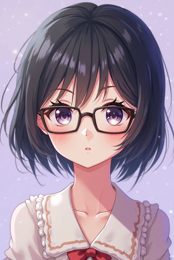 Amazing portrait of a cute and sexy woman with her black hair in a short bob hairstyle, cute but seductive eyes, perfect pink lips parted wearing glasses, long earrings, a loose oversized white t shirt falling off her shoulder emphasizing her bare shoulder and her medium chest seductively