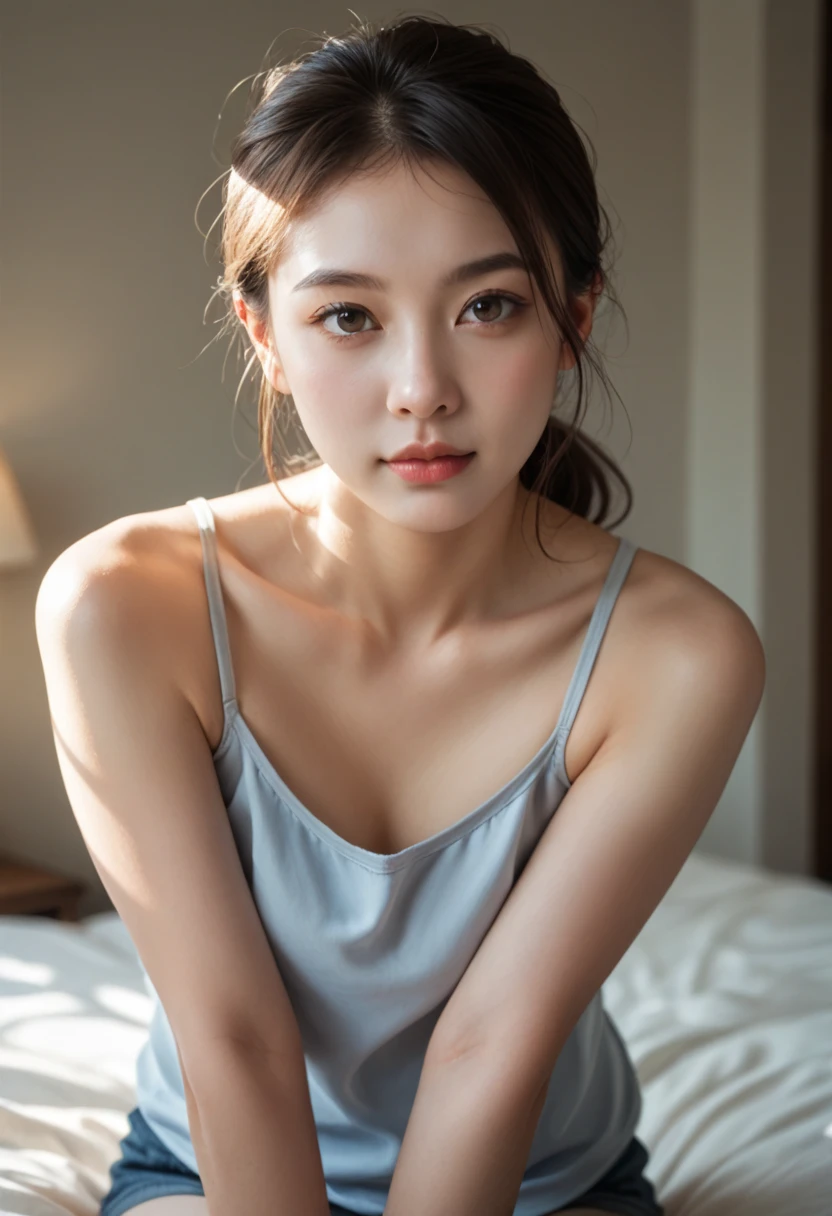 on top of the bed, Best quality, illuminations, ultra - detailed, Detailed pubic hair, A high resolution, 8k wallpaper, Perfect dynamic composition, beautidful eyes, blanche，Natural lip color, Casual and sexy pose,ssmile,Bedrooms，looking at the camera in，A 20-year-old girl，to emphasize