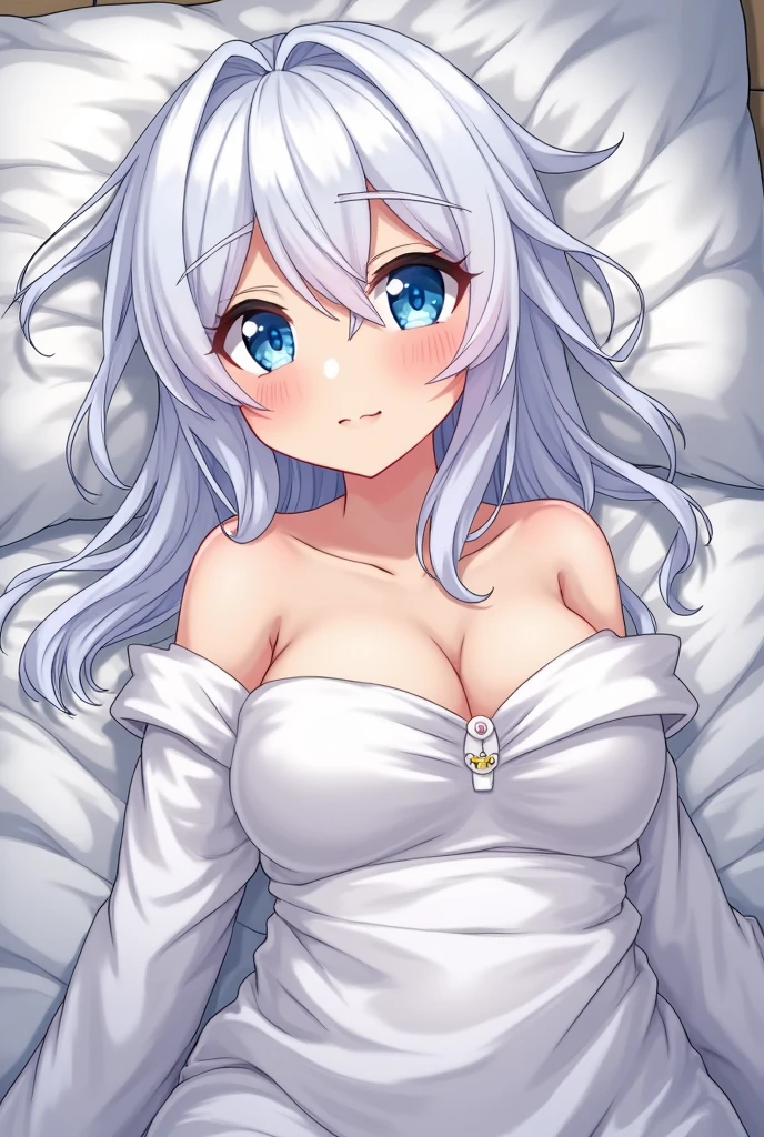 Yukino, in bed, silver hair and blue eyes, light shirt and no bra, anime visual of a cute girl, screenshot from the anime film, & her expression is solemn, in the anime film, in an anime, anime visual of a young woman, she has a cute expressive face, still from anime, big breast, red cheek, lustful face, fair skin