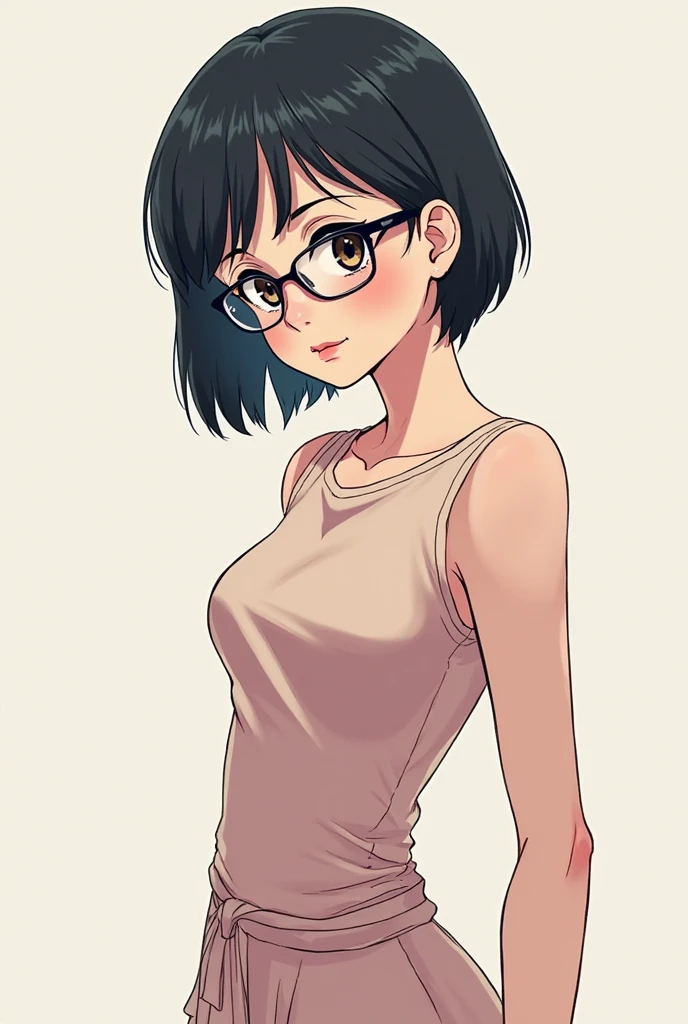 Amazing portrait of a cute and sexy woman with her black hair in a short bob hairstyle, cute but seductive eyes, perfect pink lips parted wearing glasses, long earrings, a loose oversized white t shirt falling off her shoulder emphasizing her bare shoulder and her medium chest seductively