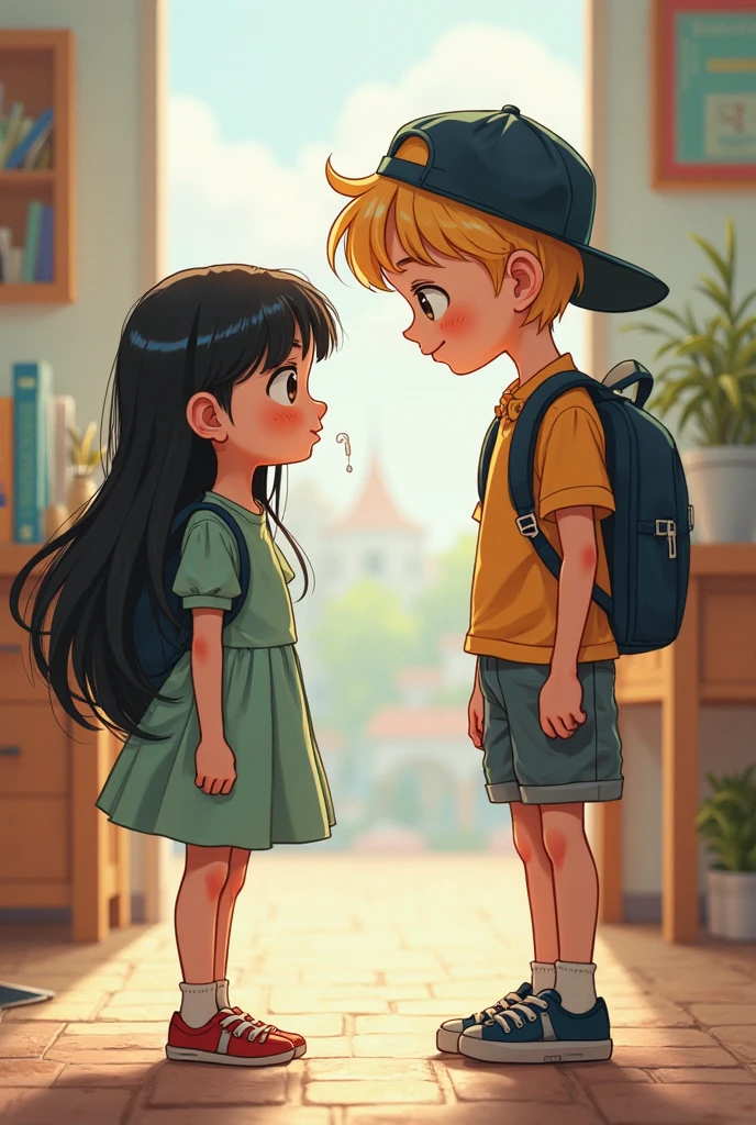 A girl with long black hair, Dora bangs légèrement frisé and brown eyes sits on a bench in front of a principal's office with a blond and handsome boy, turquoise eyes. They are universitaire. And they are not très proche. VERSION LIKE IN BUT IN 2D !! 2D!! They aren't young !! THE PICTURE LIKE THE NEW CHARLOTTE AUX FRAISES OR, TOTALLY SPYS LIKE ANIMATION SERIE on Disney Channel