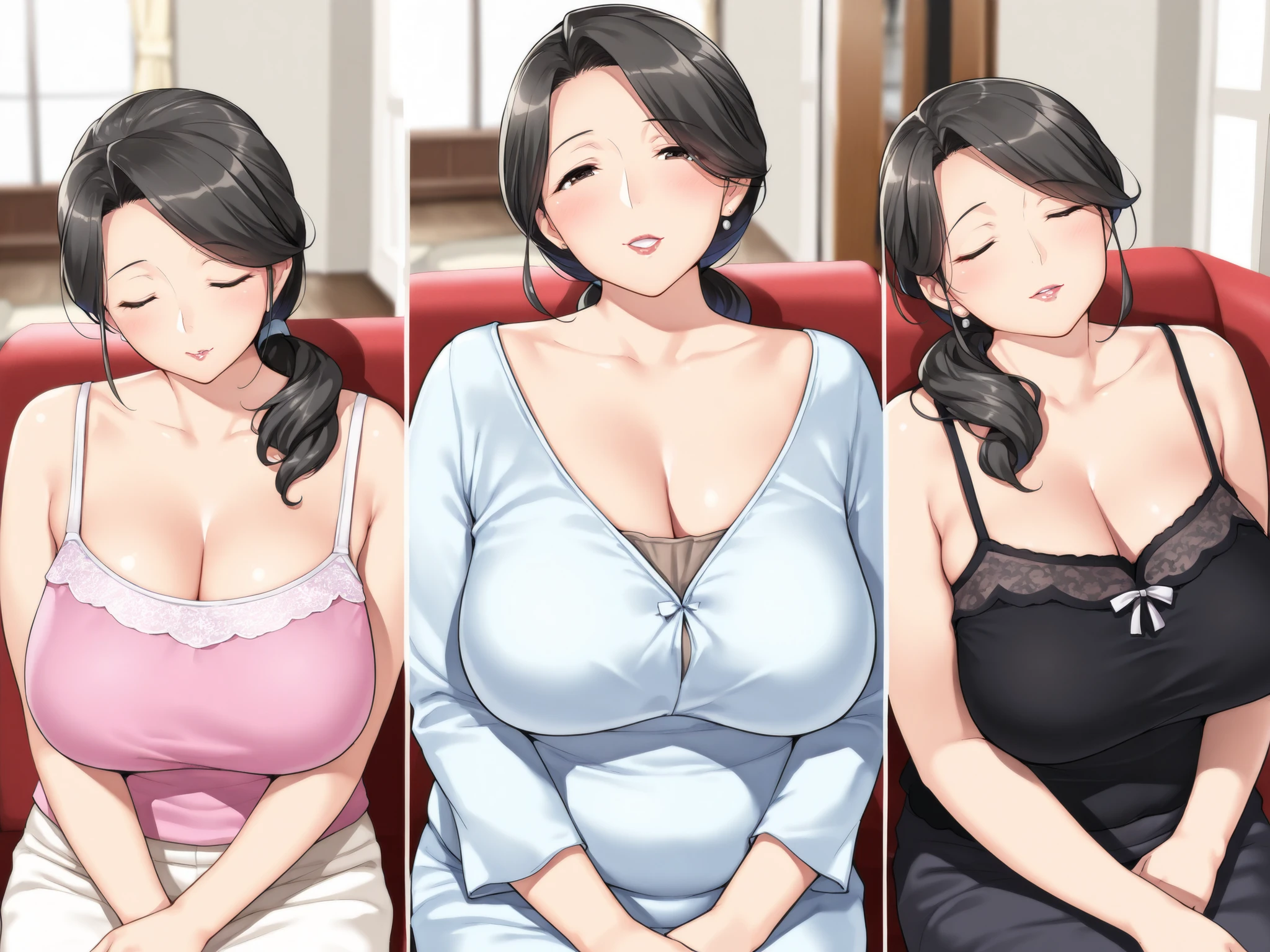 8k wallpaper, masterpiece, highest quality, Super detailed,  30~40 years, full body shot, mature woman, beautiful mature woman, black nightgown and underwear, enchanting smile, thick lips, Chubby lips, blush, looking at the viewer, sexy lingerie,provocative expression, short hairstyle, cleavage, Plump、curvy and seductive face、naughty face,