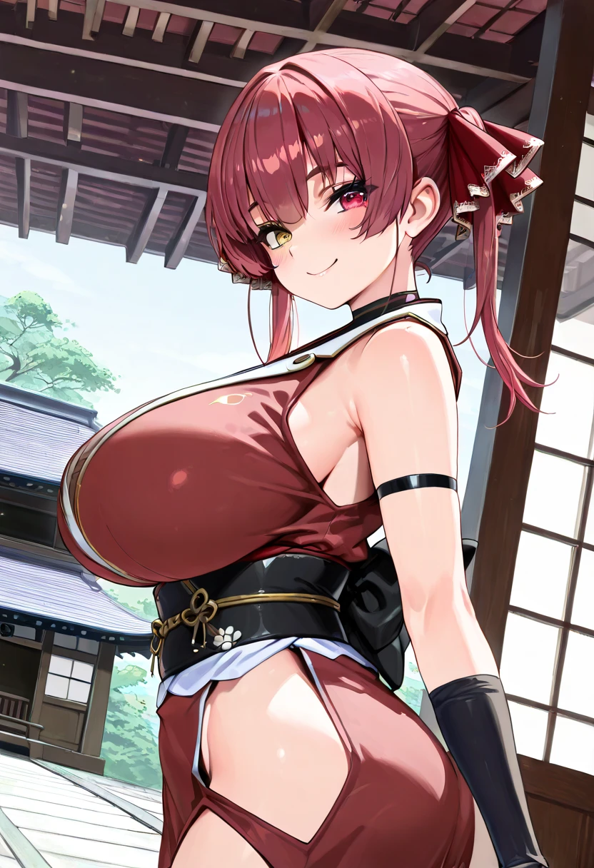 highest quality, High resolution, highest quality, High resolution, (huge breasts:1.2), leaning forward, null, from below, 1 girl, Kasumi, black tunic, pelvic curtain, Pink obi, cleavage, bridal gauntlet, elbow bag, golden choker, blush, embarrassing, smile, looking at the viewer