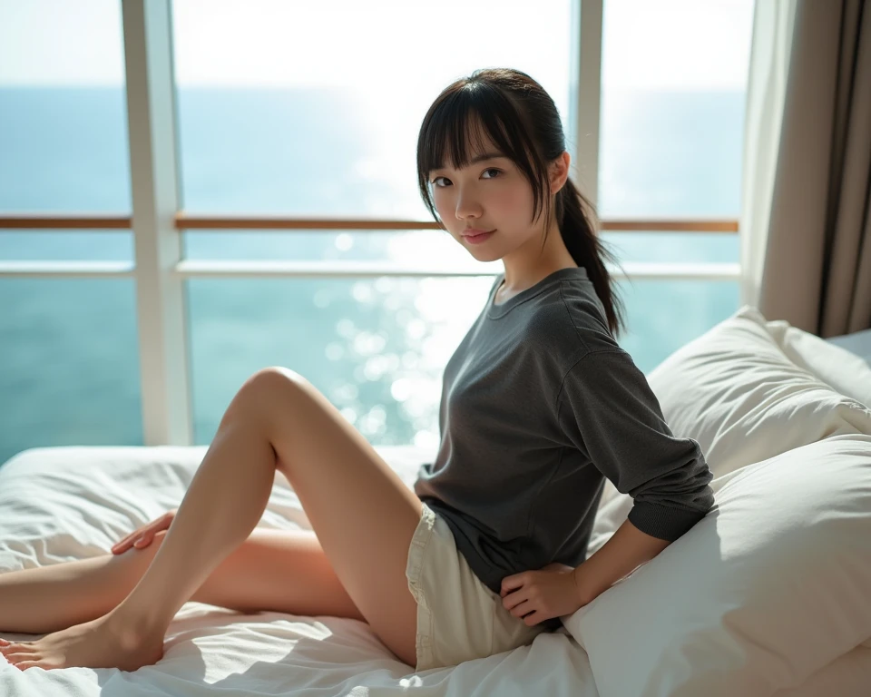 One Girl、masterpiece、Brown short bob、Headband、２０Japan Representatives、Wide Eyes、Wink、Clear skin、Small 、Thin thighs、White sneakers、Yacht harbor in midsummer