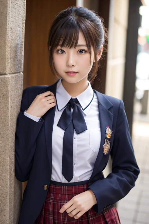 Japanese、17 years old、high school girl、Navy blue blazer uniform、Red and gray plaid mile、ponytail