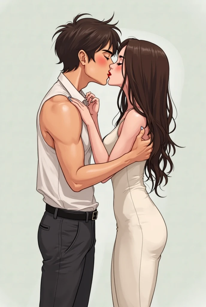 I want an image of the two of us first, My hair is brown almost black long straight. appears looking in the front throwing a kiss, Red Lips, long lashes, nails made white, my skin color is white. In the photo when it appears I have my eyes closed kissing my partner from the side. The opposite is brown, He has white shoes, I want an image first of the two of us, with my eyes closed while I give her a kiss on the cheek. With the theme of one more show and Minecraft. He has white shoes, he has black pants, He is also handsome and elegant, sleeveless or strappy , straple type. I look pretty makeup. Accompanied by Mordecai and Rigby, both with white shoes. I have an elegant white jumpsuit. where I'm giving him a kiss on the cheek. his hair not so long churco.