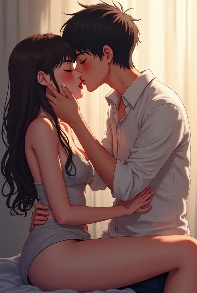 I want an image of the two of us first, My hair is brown almost black long straight. appears looking in the front throwing a kiss, Red Lips, long lashes, nails made white, my skin color is white. In the photo when it appears I have my eyes closed kissing my partner from the side. The opposite is brown, He has white shoes, I want an image first of the two of us, with my eyes closed while I give her a kiss on the cheek. With the theme of one more show and Minecraft. He has white shoes, he has black pants, He is also handsome and elegant, sleeveless or strappy , straple type. I look pretty makeup. Accompanied by Mordecai and Rigby, both with white shoes. I have an elegant white jumpsuit. where I'm giving him a kiss on the cheek. his hair not so long churco.