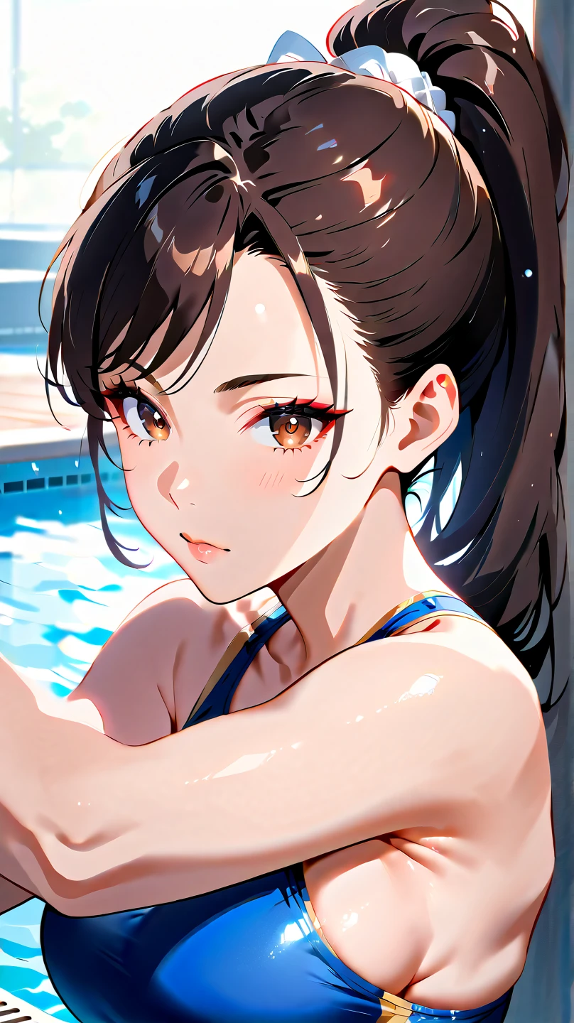 brown hair and brown eyes. She wears pink swimming goggles, as well as an orange and yellow swimsuit. SPARKLE; GLITTER