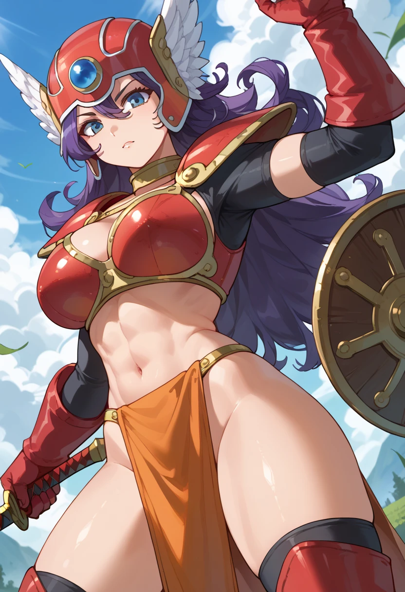 (masterpiece, best quality, ultra detailed, absurdres)1.5, 1girl, (sexy, beautiful woman, perfect face, perfect eyes, perfect female body, toned body, huge breasts)1.5, (long hair, red hair, armor, red armor, red helmet, <lora:Stella_fons:1>), (sitting, outdoors, on a boulder, mountains in background), perfect lighting, smooth, hdr