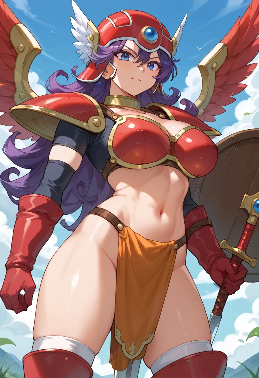 A naked woman with long bright red hair wearing a golden helmet shaped like wings on the sides. It has a golden arm gripping a long, sharp golden sword.. A naked woman with long bright red hair with a cock stuck in her pussy. hard anal sex, race, semen and urine