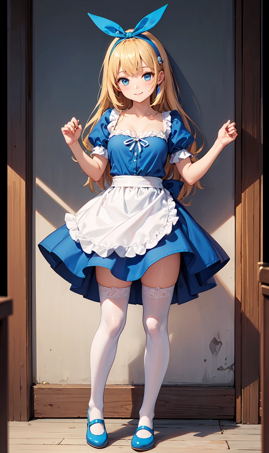anime girl, princess, slim, blonde braid hair, happy, Smiling, perky natural breasts, blue eyes, fantasy land, standing up, bottom view, ((fantasy theme)), ((horror style)), eerie lighting, Alice in Wonderland, sexy clothing