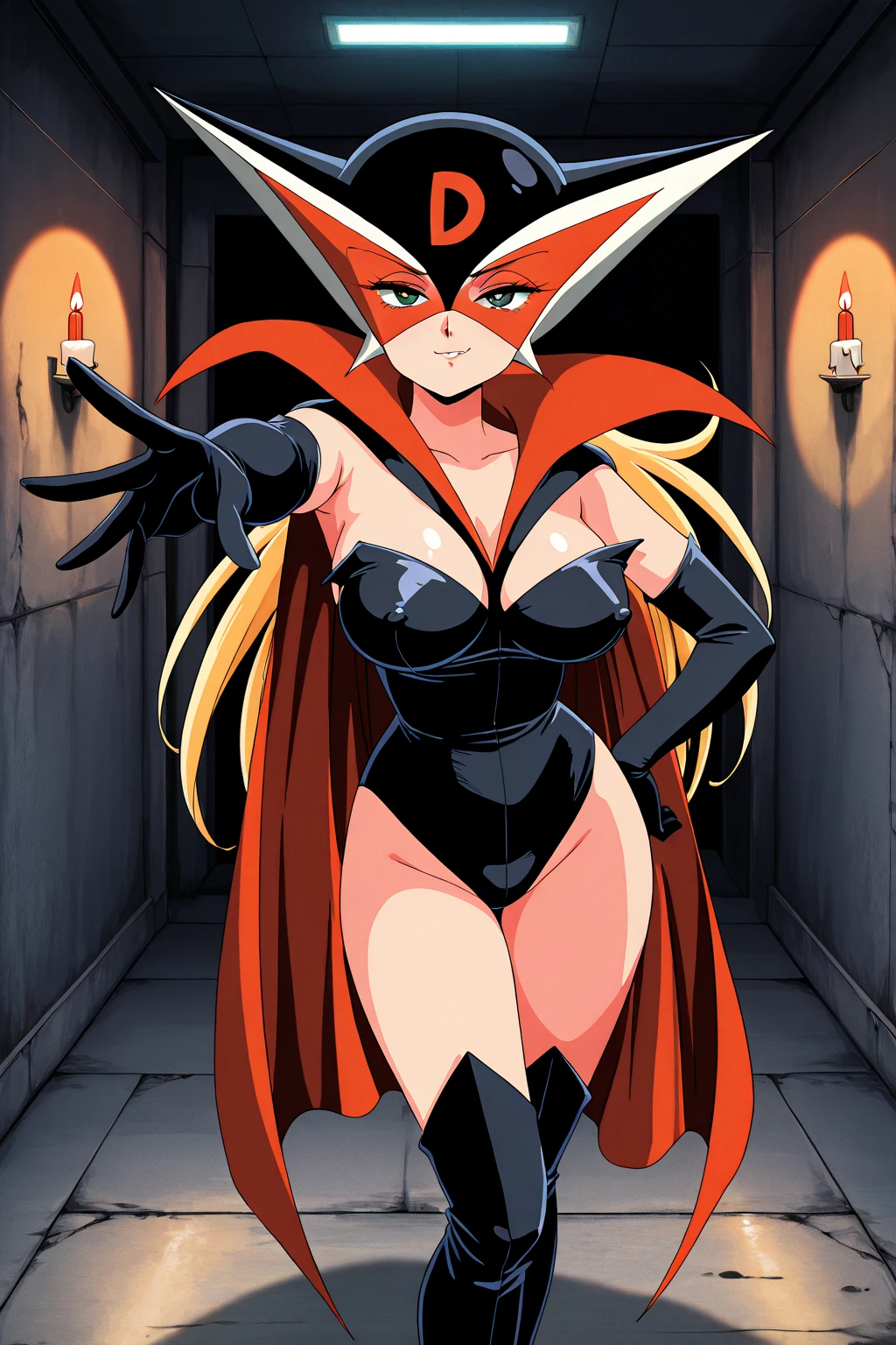 (masterpiece:1.3),(highest quality:1.4),(Super detailed:1.5),8k,High resolution,(an extremely delicate and beautiful:1.8),Official Art,Perfect Anatomy,(90s anime,90s anime style,Cel-shaded anime:1.17),(anime screencap,anime coloring:1.5),((Doronjo:1.52)),Perfect Face, (Accurate hand and finger depiction), (Doronjo Mask), ((Black see-through leotard costume)), ((A large red D is engraved on the front of the mask)), ((Her eyes are covered with a red see-through veil.)), (Blonde Long Hair), Beautifully long red nails, deep red lipstick, sneer, (Voluptuous body), (Large Breasts:1.2)、(Cleavage), Narrow waist, BIG ASS, Alluring, glamorous, (Front view), full body, Skull ornament,
, (shining eyes),highly detailed eyes, highly detailed eyes, focus of the eye,(Expertly crafted shine,sky blue lens flare:1.7),(blue glowing eyes:1.17),(Raging Eyes:1.24),(expression of joy:1.5), Color Theme Red,octane rendering, nffsw,rainbow paint drop,Paint Teardrop, woman made up of paint, full painting, (movie background),splat, splash, indoors,Dark and blurry background,floating in the sky,close,dynamic angle,sunset,Night parking lot, (best lighting,very delicate and beautiful),Detailed beautiful shine, (soft light:1.2),(Soft lighting in gold tones),,Warm and soft lighting,dramatic light,((cinematic light)), (Movie masterpiece),(cinematic headlights),ambient occlusion,ambient light,Violently,powerful,Absolutely eye-catching splashes of color,((caustic)),raytraced reflections,light shines,waiting for happiness to begin