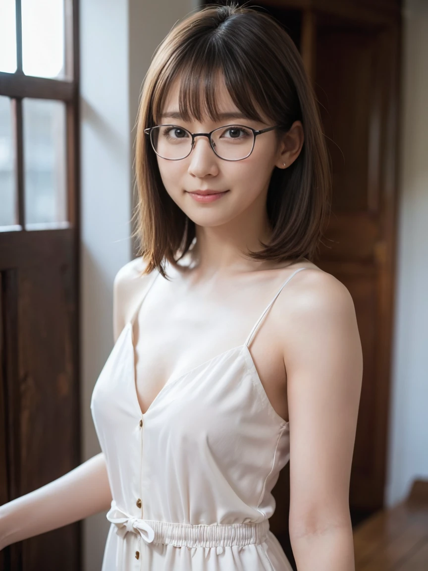 ((japanaese girl)), 8K, Raw photo, Best Quality, ultra-detailliert, Ultra High Resolution, Realistic, photographrealistic, high-definition RAW color photography, professional photograpy, Extremely detailed, 8K Wallpaper, amazing, finely detail, Huge file size, extra detailed face, extremely detailed eye, highlydetailed skin, extremely detailed fingers, highly detailed nose, highly detail mouth, Perfect Anatomy, Highly detailed background, Realistic body, Good figure, blown hair, (Medium Hair), Cute face, Photography, (Smile), Perfect Skin, Perfect Anatomy, cleavage, (Round glasses), (Wet towel), (Mole), ((Atami City)), high-angle shot, swept bangs, Full body shot,