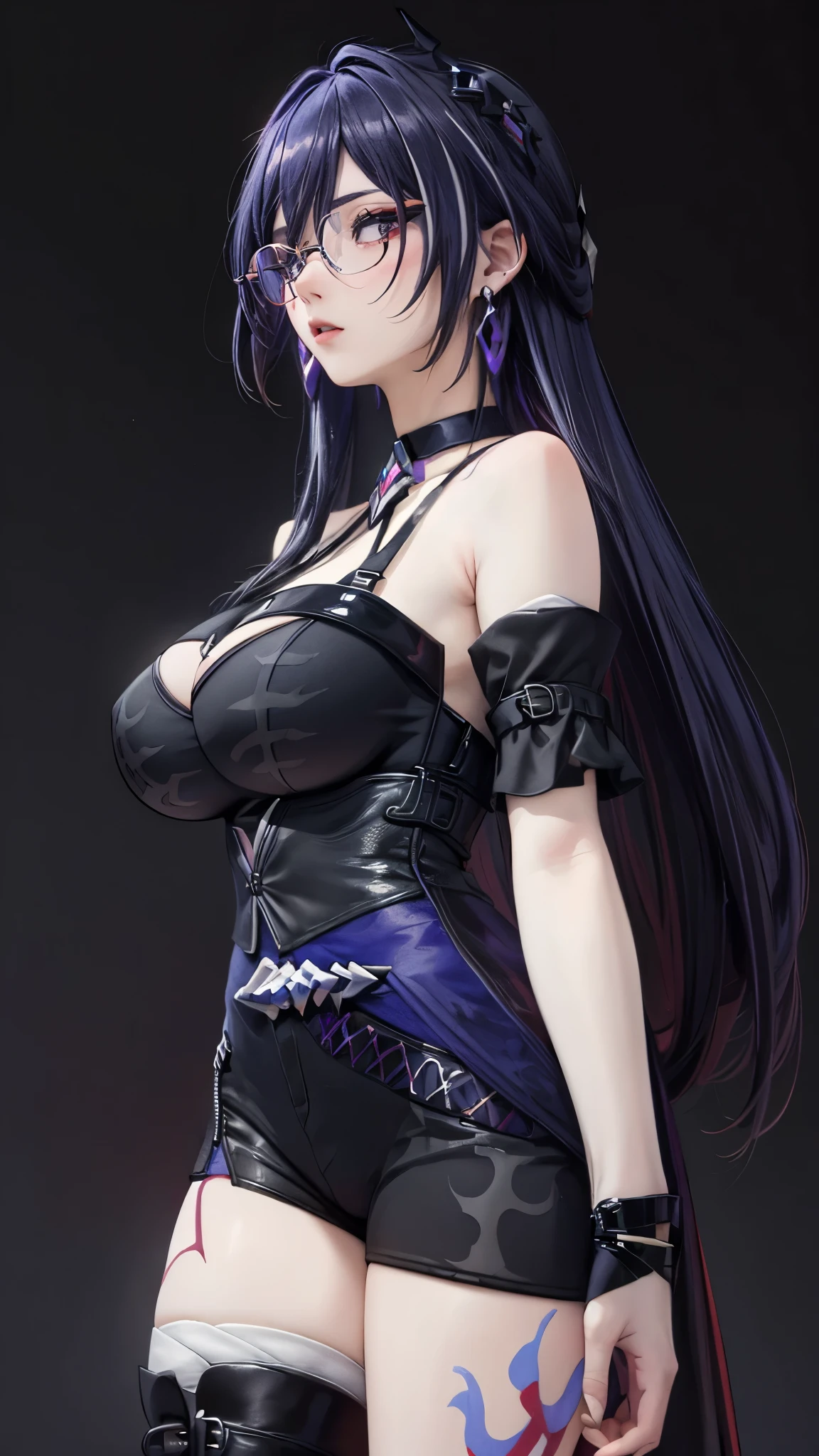 (best quality, masterpiece, ultra-detailed, 32k:1.2), simple lines, anime style, pastel goth punkgirl, perfect body, ((huge breasts)), wide hips, choker, chains, spikes, dark background, vibrant