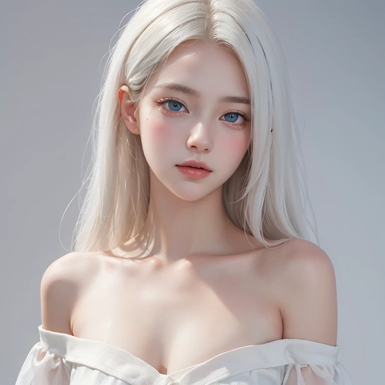 ((Close-up of a woman with tattoos on her chest)), girl, Short white hair with bangs, Black strands of hair, Purple eyes, White T-shirt and white cape, Pendant around the neck. 超High resolution.Photorealistic. 超High resolution.Photorealistic:1.4,超High resolution. Realistic,High resolutionで, masterpiece, Highest quality, Very detailed, Better Shadows, Volumetric lighting), super high quality, High resolution, 8k, Ultra-Realistic Portraits , Photorealistic, Dynamic Lighting, Volumetric lighting, Very detailed顔,(NSFW:0.9),Large Breasts