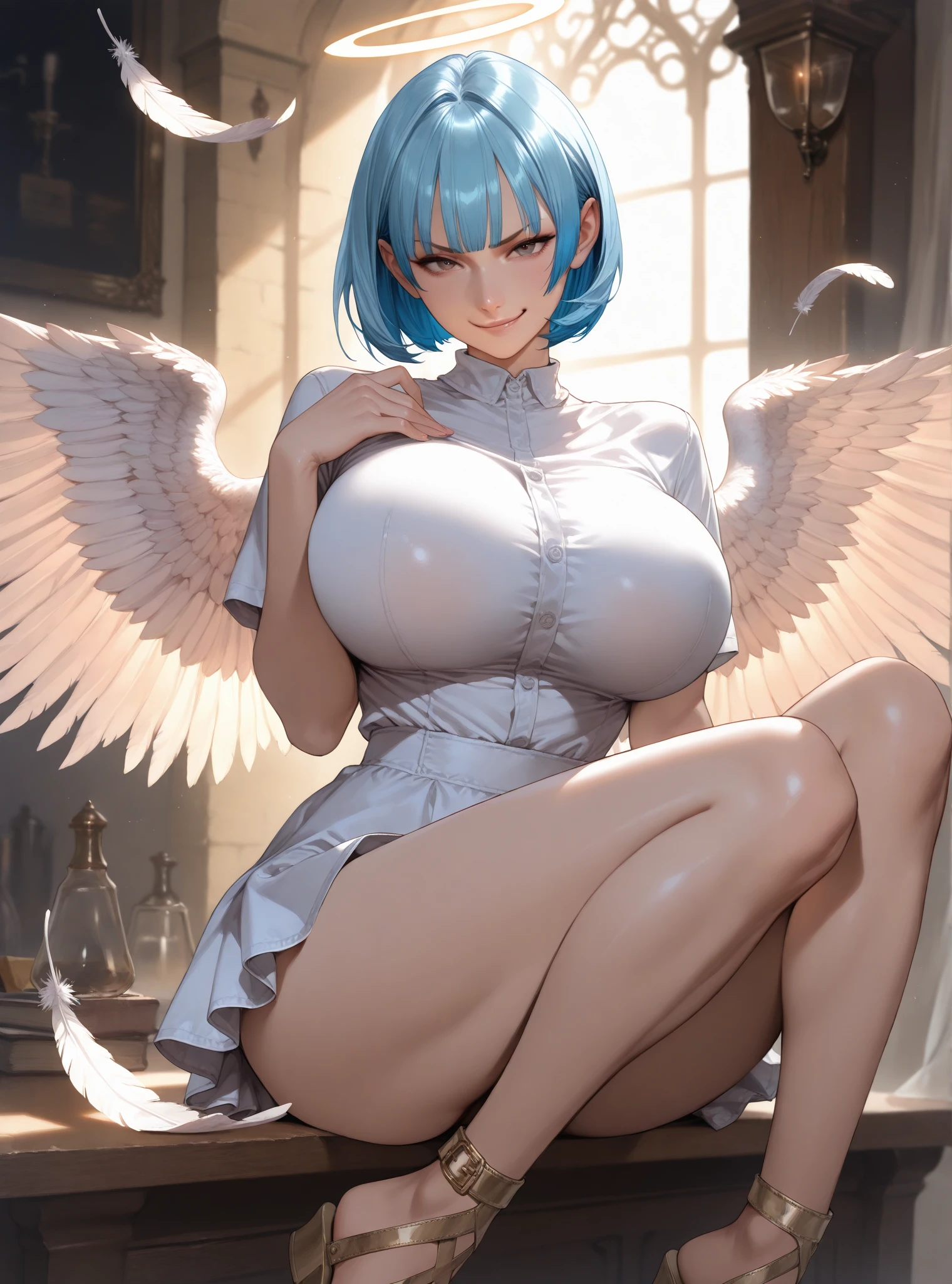 After image, Bokeh, Blurred foreground, Wide Shot, 超High resolution, retina, masterpiece, Attention to detail, highest quality, High resolution, 4K,god々In a cool atmosphere、A silver-haired braided short bob angel descends from the sky、White feathers flutter、Angel wings spread out on my back、The background is blue sky、Large Breasts、Captivating body、Ultra-detailed skin、Beautiful eyes、Detailed Background、naked、orgasm