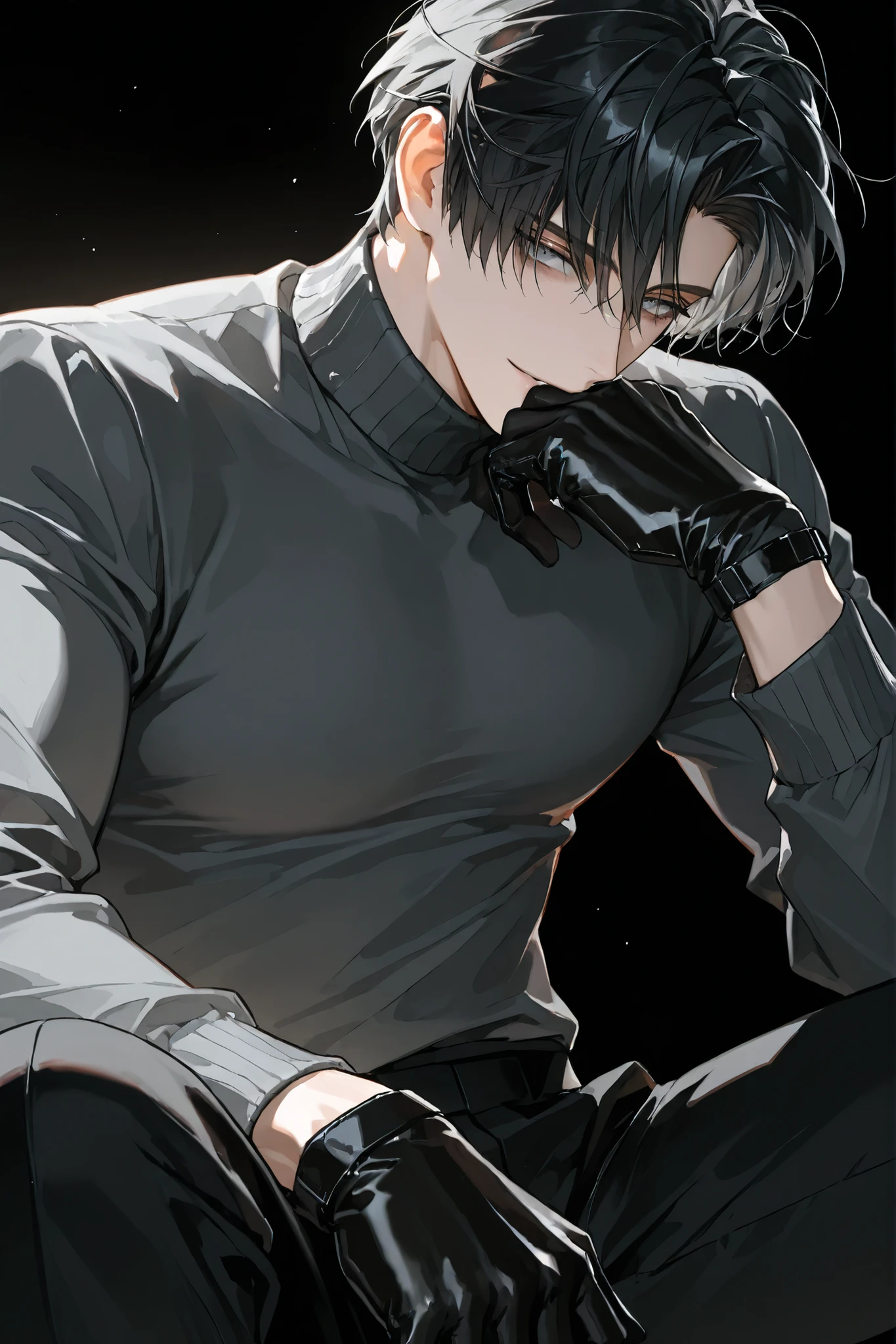 1 male, mature man,pretty face , short hair, short, dark hair , black hair,The bangs turned back,silver gray eyes, disheveled gray turtleneck, in black slacks , low angle,perfect hand shape, 31-year-old male , She smiles while biting off the tip of the black gloves with her bangs over her mouth, black background, Sitting straddled on the bed, red tone, shadowy face