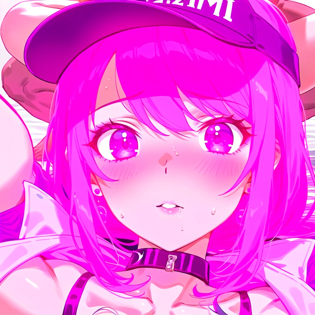 pink hair, short twintails, hair bobbles, star hair ornament, asymmetrical bangs, short hair, pink-framed eyewear, purple eyes,, empty eyes , large breasts, solo, nsfw, nipple, ride a bicycle
