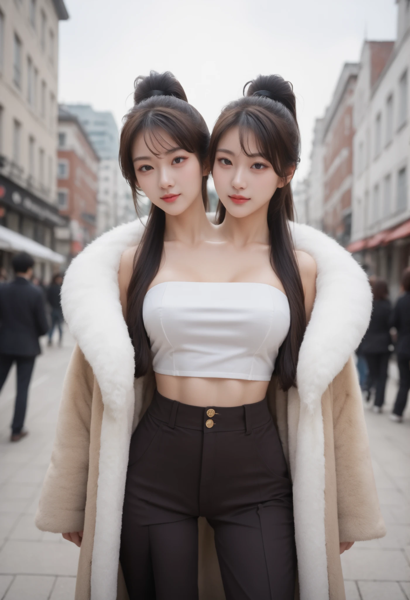 best resolution, conjoined, 2heads, woman with two heads, tall, big chest, different hairstyles,brown hair with twin hairbuns, long hair black hair with ponytail, no bangs, fur coat, midriff, blouse, high waist pants urban background, dynamic angle, dynamic flirting pose