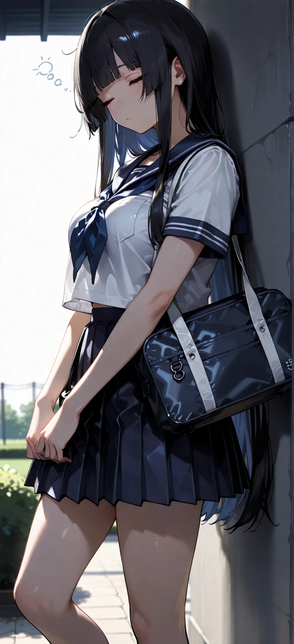 highest quality、High resolution、Detailed Background、Beautiful and dense face、Beautiful, smooth skin、Skin Texture、Cute teenage girl、Sailor suit, One Woman, (Beautiful woman, delicate :1.3), Black Hair, Bobcut, Buns pats, 8k, highest quality, masterpiece, Very detailed, 超High resolution, Realistic, RAW Photos, Absolute Resolution, 15years old,bob hair,Young face,flat chest,face is small compared to body (4:1), Very small face (4:1), The face is balanced, Black Hair, Sailor suit, wet,see-through,blue bra,Dark Blue Skirt,skirt lift by myself, Realistic女子高生, ((White headband)), Small breasts, expensive, Slanted Eyes, Purple eyes, (In front of the school gate), Open your mouth, smile, Top-down position, stand, Back Bag, black panties under pantyhose,