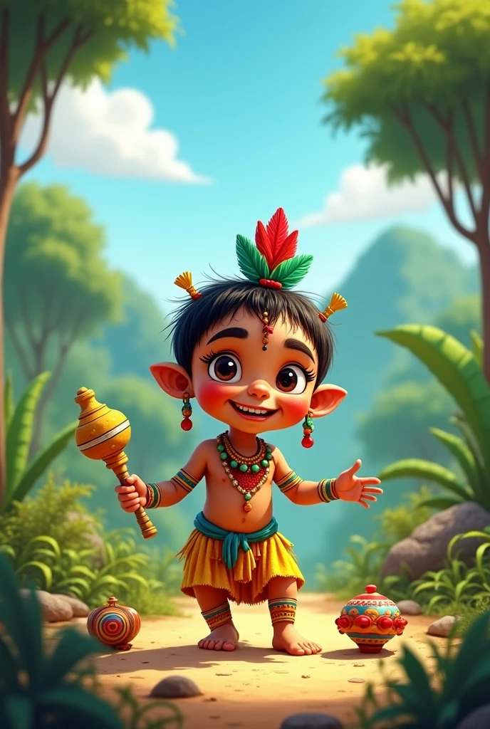Cartoon Child Hanuman with red dhoti and gadha