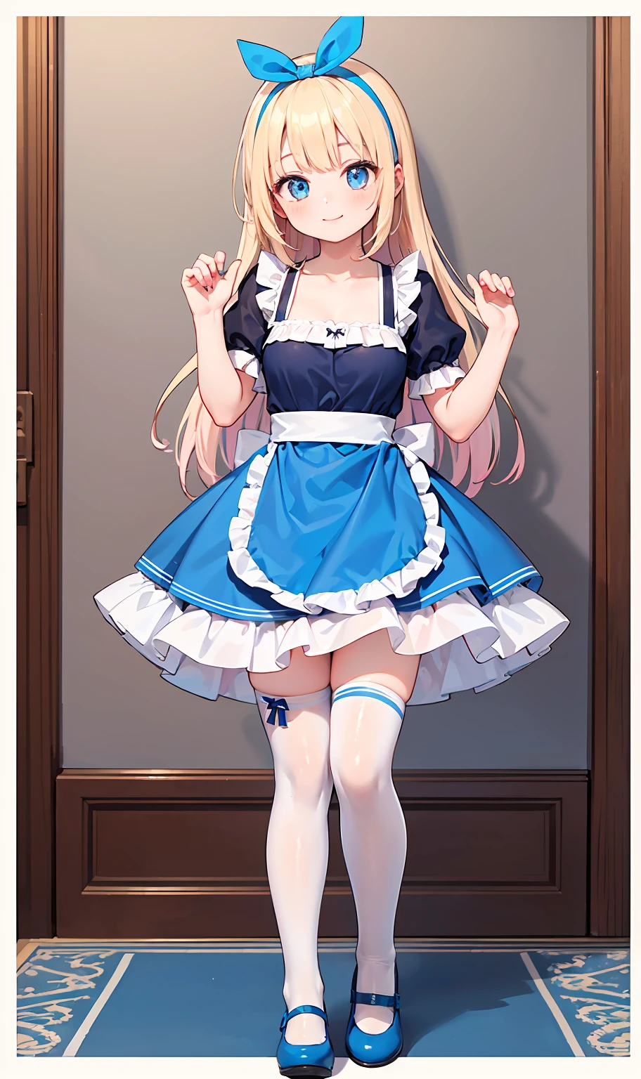 A bare jacket, exposed breasts,nsfw (A jacket that is left bare,) A detailed face shirtless Cute Alice with blonde hair from Alice in Wonderland Dress: Pastel blue Color: Pastel Blue Style: Fit and flare Details: Lace and ribbon trim Front: Large white apron Mysterious words like "Drink Me" and "Eat Me" are embroidered on the apron Cardigan: Slightly off-white Color: Slightly off-white Design: Gothic patterned Small buttons on the cuffs and hem Socks: Knee-high socks Type: Knee-high socks Color: Light blue and white striped Ribbons adorn the calves Shoes: Type: Mary Jane shoes Type: Mary Jane shoes Color: White Buckles: With large gold buckles Gloves: Short gloves Type: Short gloves Color: white Wrist: White with fine lace decoration Hair Accessory: Headband Type: Headband Design: small satin ribbon with a mysterious key in the middle Accessories Choker with a small watch on the collar On the arms are multiple bracelets, one of which has a heart charm attached