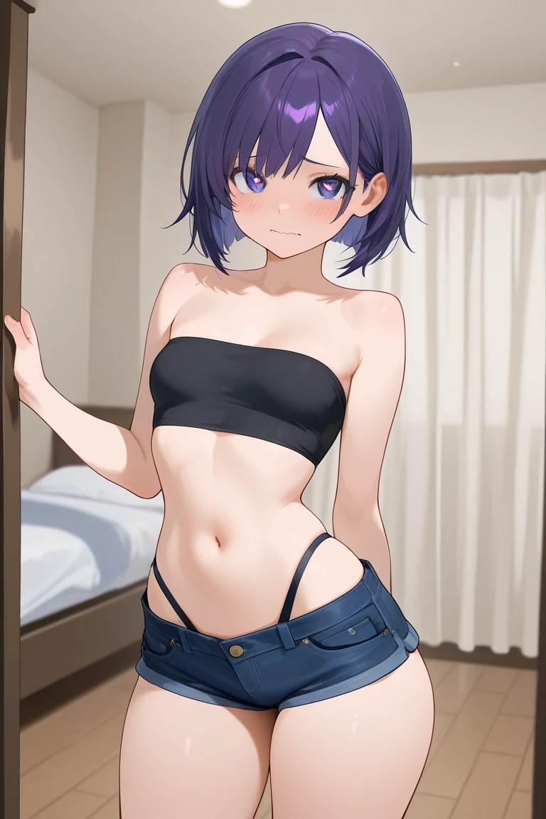 1girl, hime_cut, blunted_bangs, cowboy_shot, groin, midriff, blue_hair, collarbone, solo, simple_background, arms_behind_back, crop top, panties, skin_blush, slim, skinny, straight-on, thighs,
highres, masterpiece, 1girl, eye contact, smile, happy, fang, gradient eyes, simple background, shiny_skin, panel, comic,
<lora:homebrew_close_as_neighbors_2:0.8>