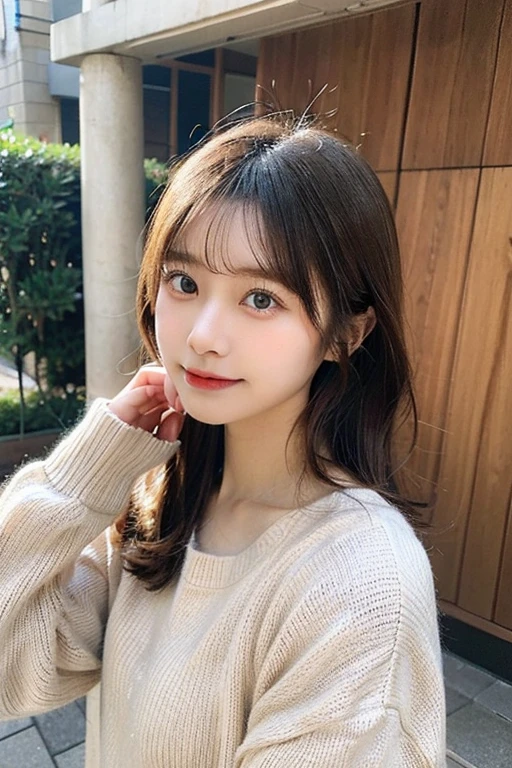 ((highest quality、Masterpiece、High resolution))、(((Zoom photo of upper body)))、(A shy smile:1.2)、One woman、Big Breasts、sweater、Black Hair、Trimmed bangs、Straight Hair