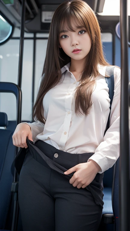 highest quality、masterpiece、high school girl、black pantyhose、She is sitting on a train chair with her legs wide open、((Photographed from below the front))、Plump big bob hair、white shirt、pleated skirt、looking at the viewer、red face、white panties、wet clothes、