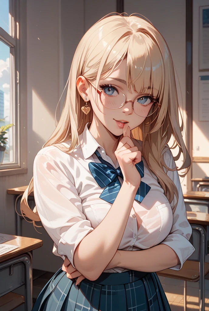 Sitting, High resolution, Long Hair, chest, Blushing, Blonde, Cat ear, Blurred, earphone, school uniform, (from below:1.2)