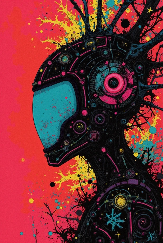 Create a digital art illustration of a cybernetic woman in a virtual reality setting. A mulher deve ter um visual futurista, with cybernetic hair and technological implants on your skin. The illustration should show the woman sitting in a virtual environment, com uma paisagem abstrata ao fundo e elementos de tecnologia flutuando ao redor. The virtual landscape can include geometric shapes and abstract patterns, bem como elementos de tecnologia, como circuitos, bright lights and robot heads. The cyber woman must be connected to a virtual reality device, como um headset, and your hands may be holding controls to interact with the virtual environment. O ambiente virtual deve parecer imersivo e envolvente, como se a mulher estivesse realmente dentro dele. The illustration may have a neon color palette, com tons brilhantes de azul, rosa e verde. A mulher deve parecer confiante e dominar o ambiente virtual, como se ela estivesse no controle completo. The illustration should evoke a sense of wonder and exploration in a world of advanced technology. --auto