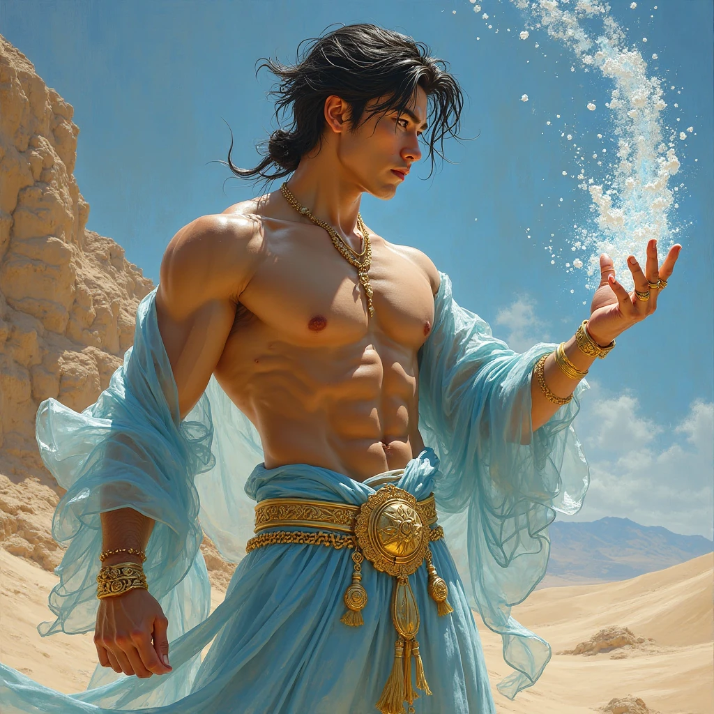 Mejor calidad,alta resolución:1.2),fullbody, In the digital art style of painting, a young man, fullbody, tall, white, medium brown wavy hair, naked, blue eyes, his face in Rococo style, realistic skin, realistic muscles, slender, no hair, detailed feet, beautiful smile, wearing shorts, detailed feet, big gluteous, big harmstrings, naked shirtless, pantless, barefoot, perfect anatomy, divine proportions,balanced composition, taking a bath in the river, surended by sirens and faries and butterflies, looking directly at the viewer, 16k resolution, ambient light, with highly intricate and precise details rebert ferri, paul cadmus , tinta, arte salpicado", Belleza extraordinaria , Royo, después del sexado, Super detailed splash art modern European tinta painting