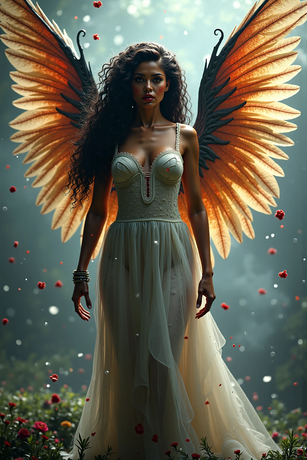 ruined city, beautiful busty angel woman, highly detailed, intricate, cinematic lighting, volumetric lighting, dramatic shadows, realistic skin, hyper detailed face, delicate facial features, elegant pose, flowing angelic dress, detailed feathered wings, gritty dystopian environment, debris and rubble, moody dark color palette, chiaroscuro lighting, photorealistic, 8K