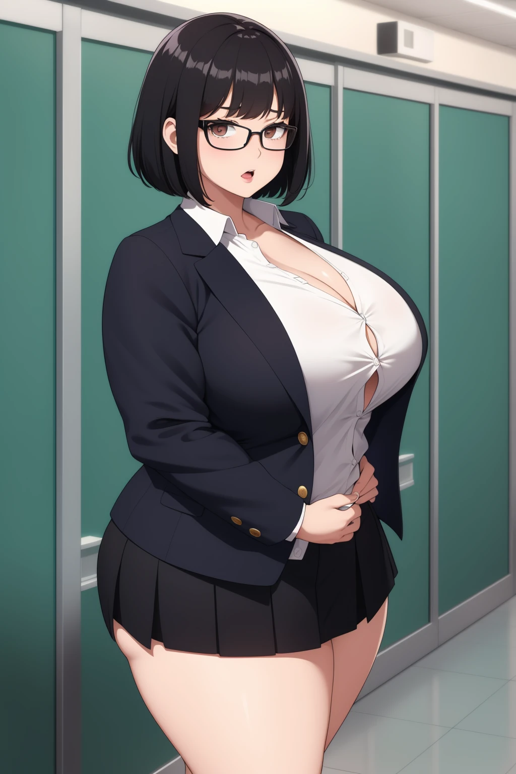 score_9, score_8_up, score_7_up, score_6_up, score_5_up, score_4_up, BREAK, source_anime, anime screencap, anime coloring, detailed face, a stiff-looking beautiful female teacher, detailed beautiful big brown eyes, huge breasts, 36 years old, milf, black hair, skinny, One length medium bob hair, asymmetry_bangs, forehead, hair behind ear, black hairpin, Wears glasses, black lace bra and thong, zettai ryouiki thighhighs, teaching in front of the blackboard, holding a indicator stick, hand on hip, angry, open mouth, classroom, thigh gap, many students