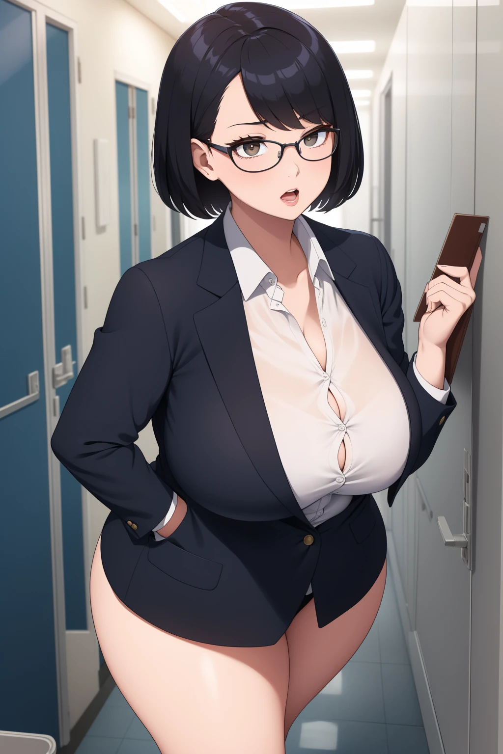 1 girls, 4k quality, Complicated Details, High-detail, Light reflection, Dark purple clothes, Short skirt, Ponytail, Short hair, Glasses, black socks, Big butt, Big breasts, Bright face, beautiful face,