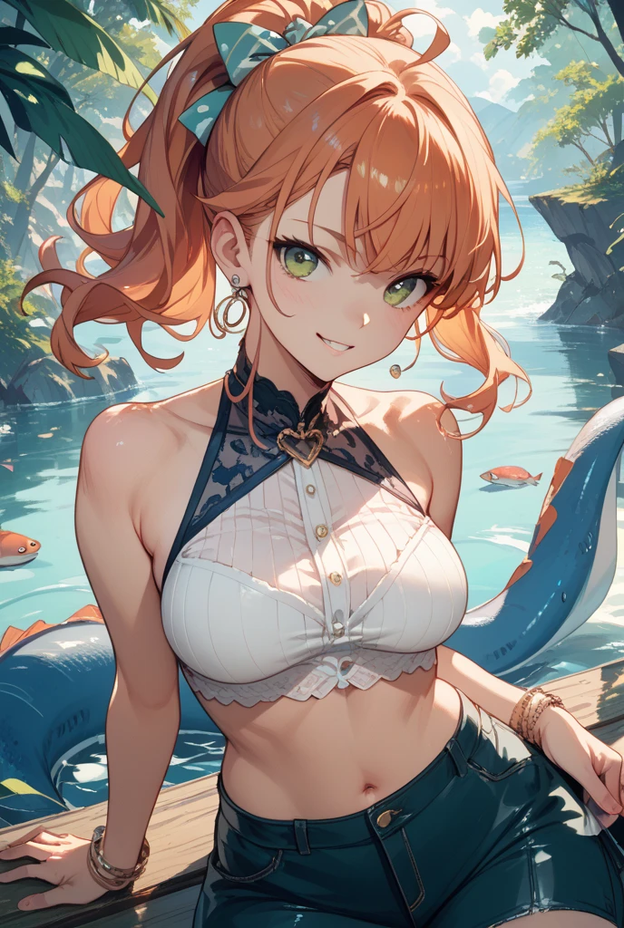 (8k, 4k, Masterpiece, Ultra quality, Ultra detail, HDR, Anime, Brighter colors), (1girl, Kitsune ears, Cherry-red hair, medium hair, Bangs over one eye, Tied hair, Blush,smiling, breasts, (open-back swimsuit, thigh highs), Standing , Hands behind back