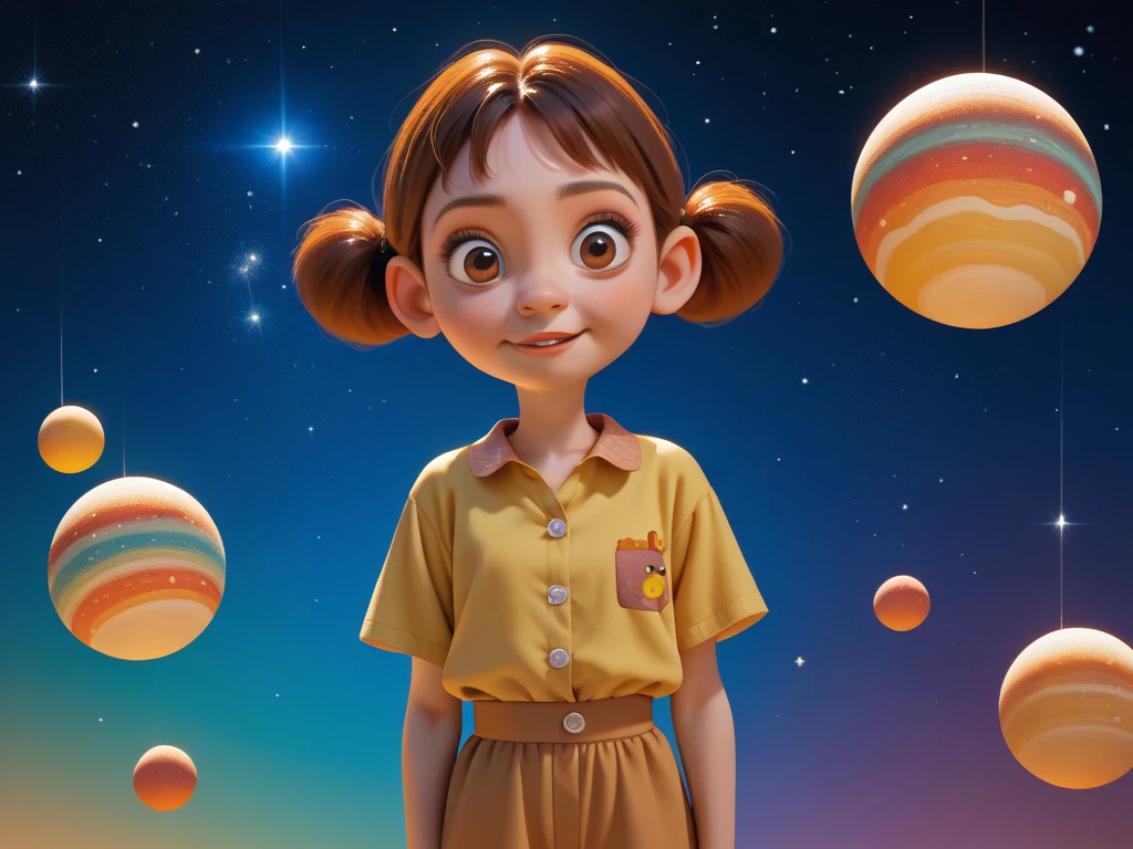 happy 7 year old girl who has brown hair wearing yellow sweatshirt, in futuristic scenery flying with magic ball showing planets