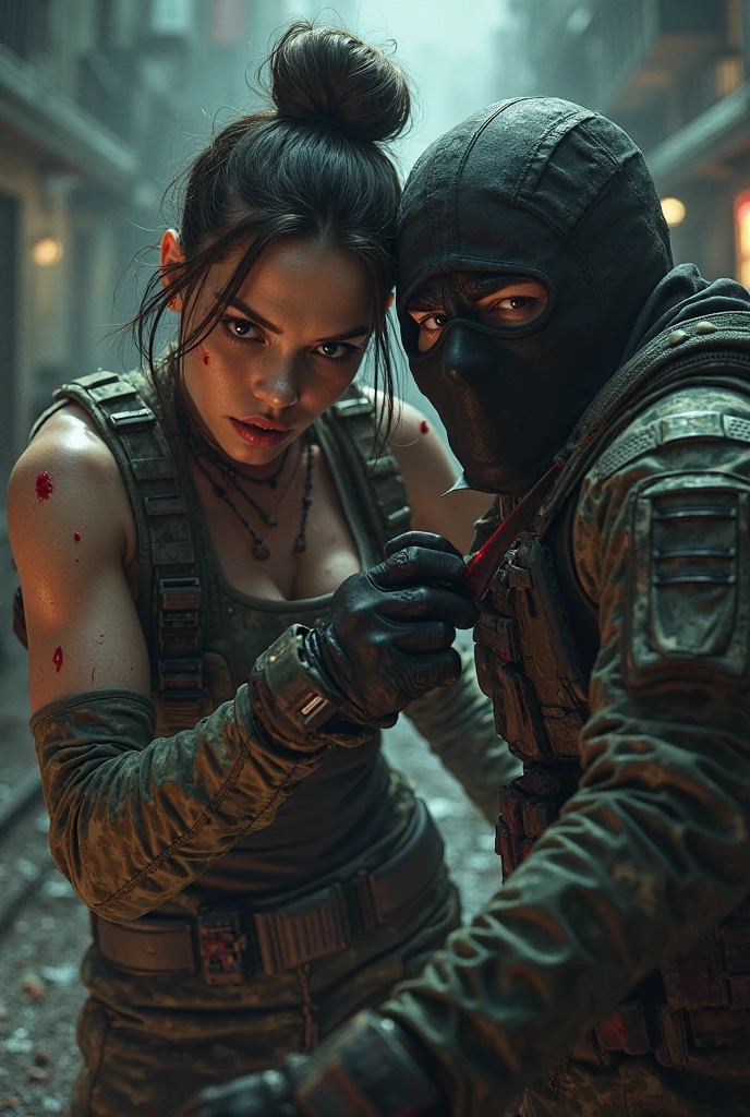 F.E.A.R. operative wearing black tactical balaclava and red googles holding assault rifle is standing with man with short black hair and glowing red aura also his mouth covered in blood