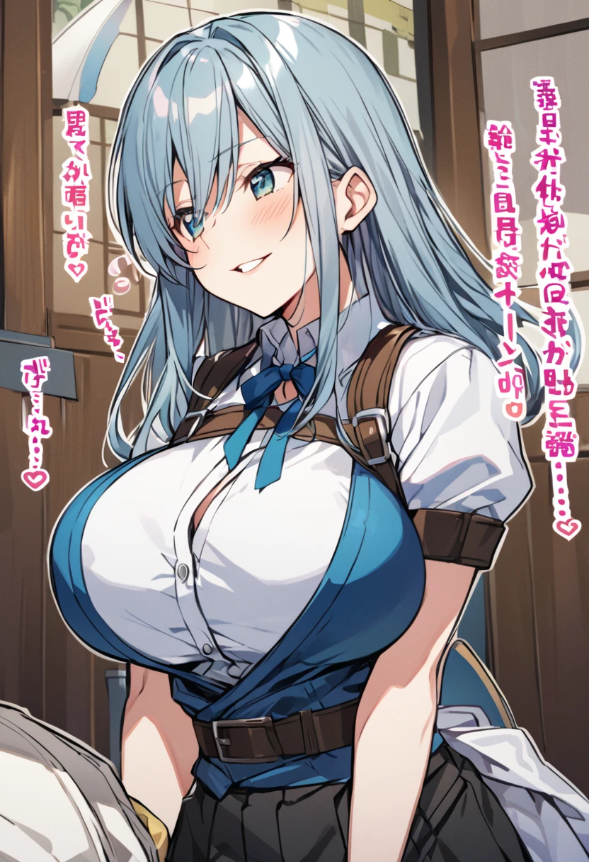 masterpiece, best quality, highres, lh1, hair ornamnet, thighhighs, long hair, long sleeves, pleated skirt, blue thighhighs, armband, frilled skirt, white jacket, white shirt, blue skirt, thigh strap, , huge breasts, indoor,blush,nsfw,looking viewer,smile