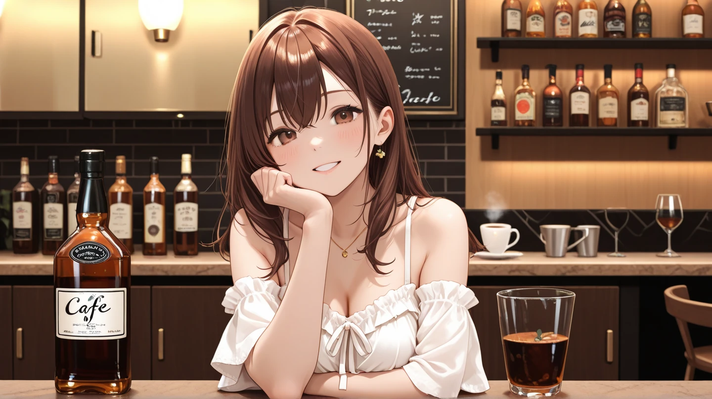 hand on own chest, upper body、(pale skin: 1.2), shiny skin, shiny hair、(A 25-year-old woman with medium-length hair and bangs) and (wavy hair) and (brown hair) and (orange eyes) , (white) and (off shoulder blouse) 、smile, open mouth, blush, The background is the interior of a cafe、Alone、Are standing