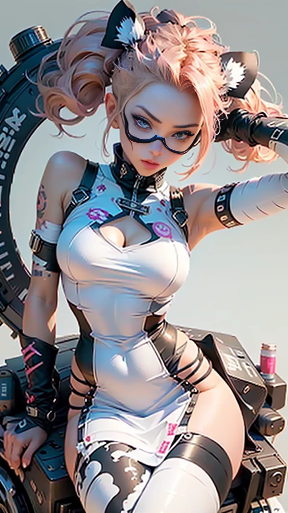 (8k, RAW photo:1.2), (realistic, photo-realistic:1.5), highest quality, best quality, masterpiece, highly detailed,

1girl,  ([Bayonetta : D.VA from Overwatch:0.6]) is a sexy  fit and toned  futuristic ninja assassin android, strikingly beautiful glowing eyes,
(damaged and torn and ripped outfit:1.2), 
neon lighting, cyborg arms, cybernetic implants, tactical militech wear,
(tight skimpy latex combat outfit), headgear, targetting eyeglass, mesh sheer bodysuit armour, (circuitry), (camel_toe:1.1), thigh-high boots, hip window, boob window, stilettos,
seductive pose, beautiful face,
giant power chainsword,
covered nipples,

night in cyberpunk Tokyo city, night city, rooftop skyscraper, (bloodstains, viscera, blood spray:0.7),
(corneo_runny_makeup:0.7),

Periwinkle and Teal and Seafoam Green colour palette,
Radiant light rays , Ektachrome,
artstation