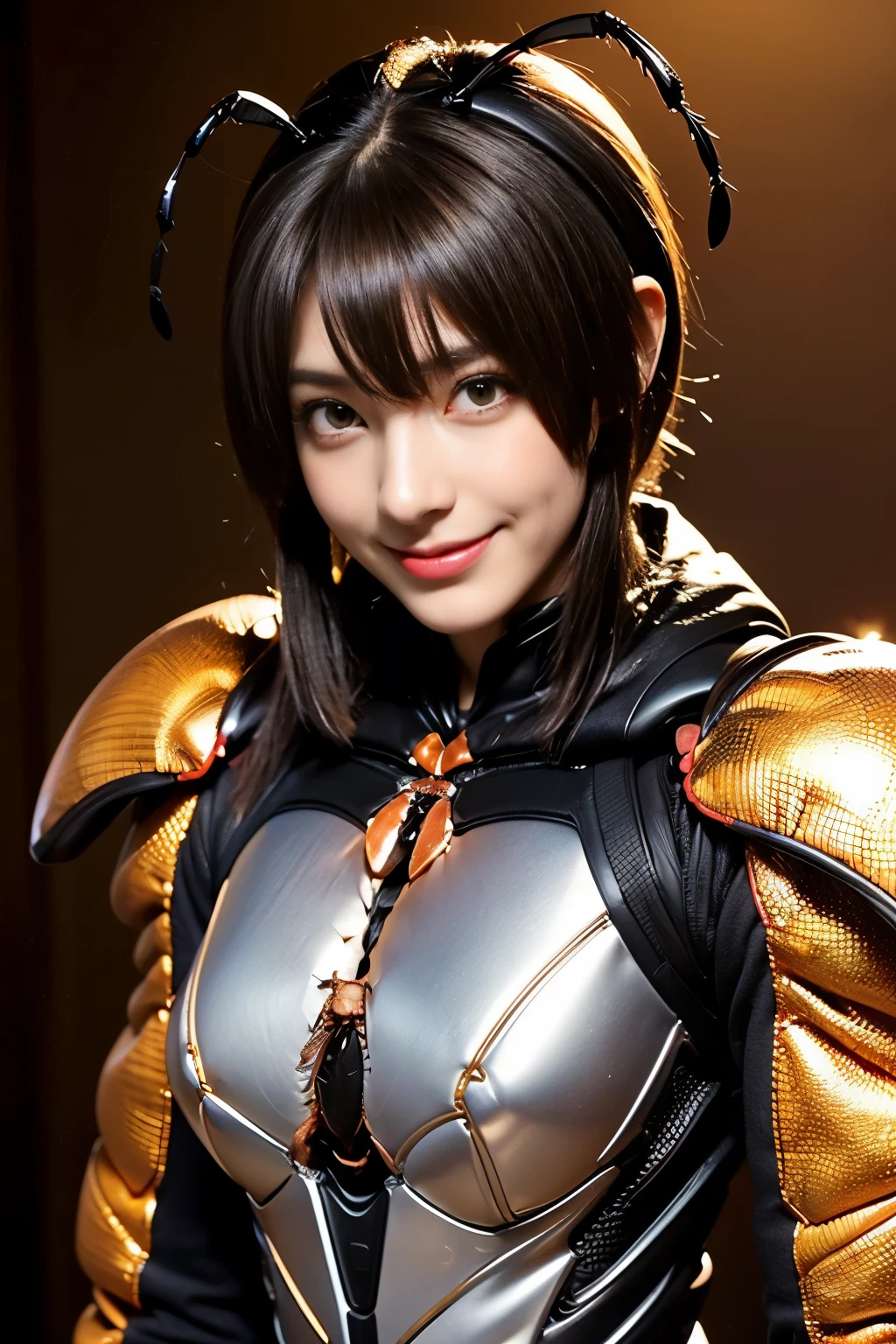 (high resolution,masterpiece,best quality,extremely detailed CG, anime, official art:1.4), realistic, photo, amazing fine details, all intricate, gloss and shiny,awesome many layers, 8k wall paper, 3d, sketch, kawaii, illustration,( solo:1.4), perfect female proportion,villainess, (fusion of dark brown cockroach and lady:1.4), (brown cockroach form lady:1.2), (brown cockroach lady:1.2), (fusion:1.2), (solo:1.4), (evil smile:1.2), muscular, abs, (cockroach brown exoskeleton bio insect suit:1.4), (cockroach brown exoskeleton bio insect armor:1.2), (brown transparency cockroach wing:1.4), (brown cockroach antennae:1.3),
