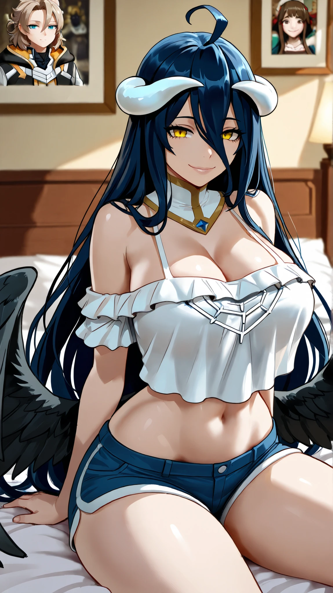 angelic style anime girl,with a voluptuous body and a large bust in a white dress with low necklines and bare shoulders. Long dark blue hair with a white lock. Sky blue eyes and a serious look looking up 
