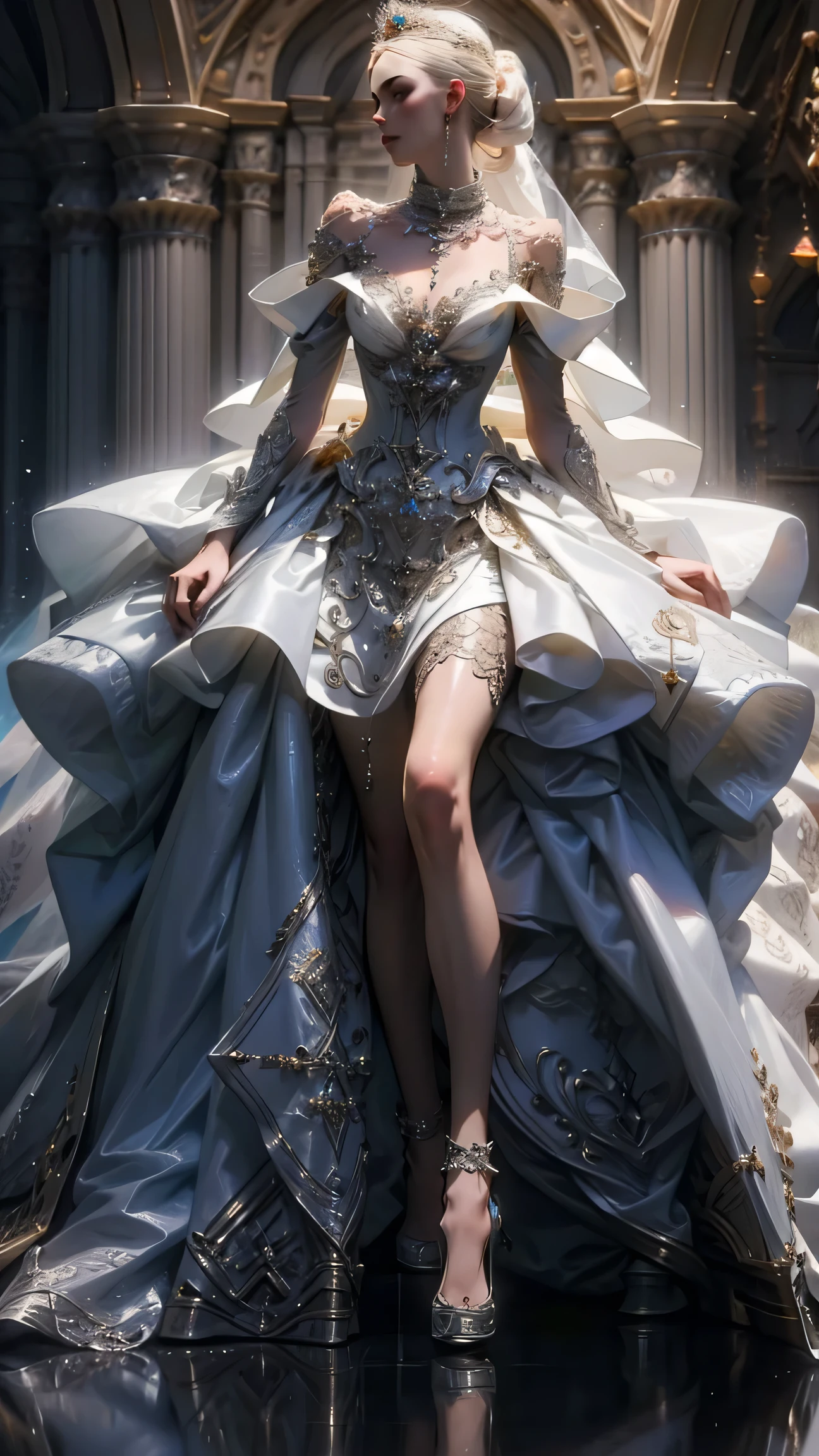 1 girl,solo,medium breasts,Outdoors,(full body:1.3),,off-shoulder dress,Pearl \(Gemstones\),tiara,Veil,wedding dress,, best quality,masterpiece,high resolution,Official Art,Highly Detailed CG Unity 8K Wallpaper