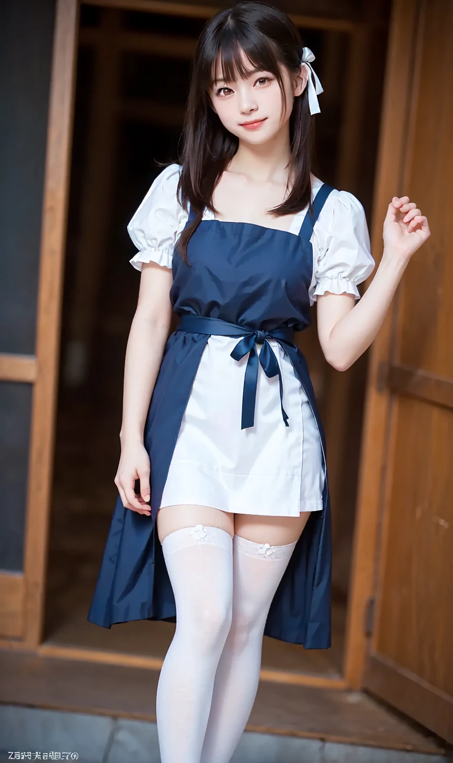 Highest quality、、masterpiece、Real:1.3 )、( A classical and elegant garden with a castle as a backdrop )、( Very high quality deep background : 1.2 )、Natural bright sunlight、Blue sky、smile、Beautiful woman with perfect figure:1.4、Highly detailed face and skin texture、Detailed eyes、double eyelid、Very far : 1.2 、The whole body is visible、White and black maid、Ruffled blouse、Ruffled mini skirt、Ribbon tie、apron、High heels 、((( Lift skirt to show off panties : 1.3 )))。((Thighs))、Red lipstick、